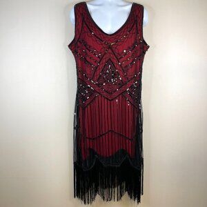 Vintage Style Gatsby Roaring 20s Flapper Fringe Dress Size 2X Red Sequin Beaded